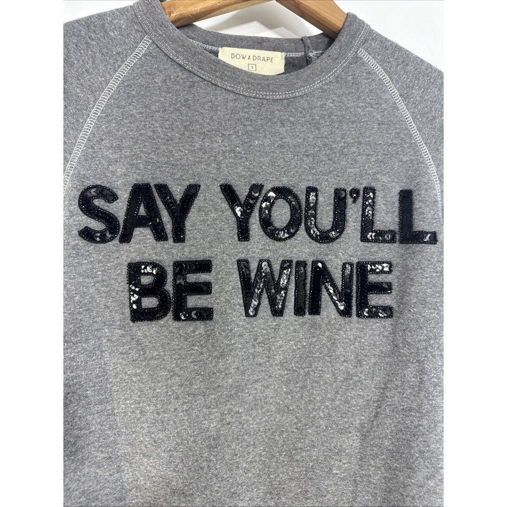 Bow & Drape Say You'll Be Wine Sequin Gray Raglan Sweatshirt S - Picture 3 of 11